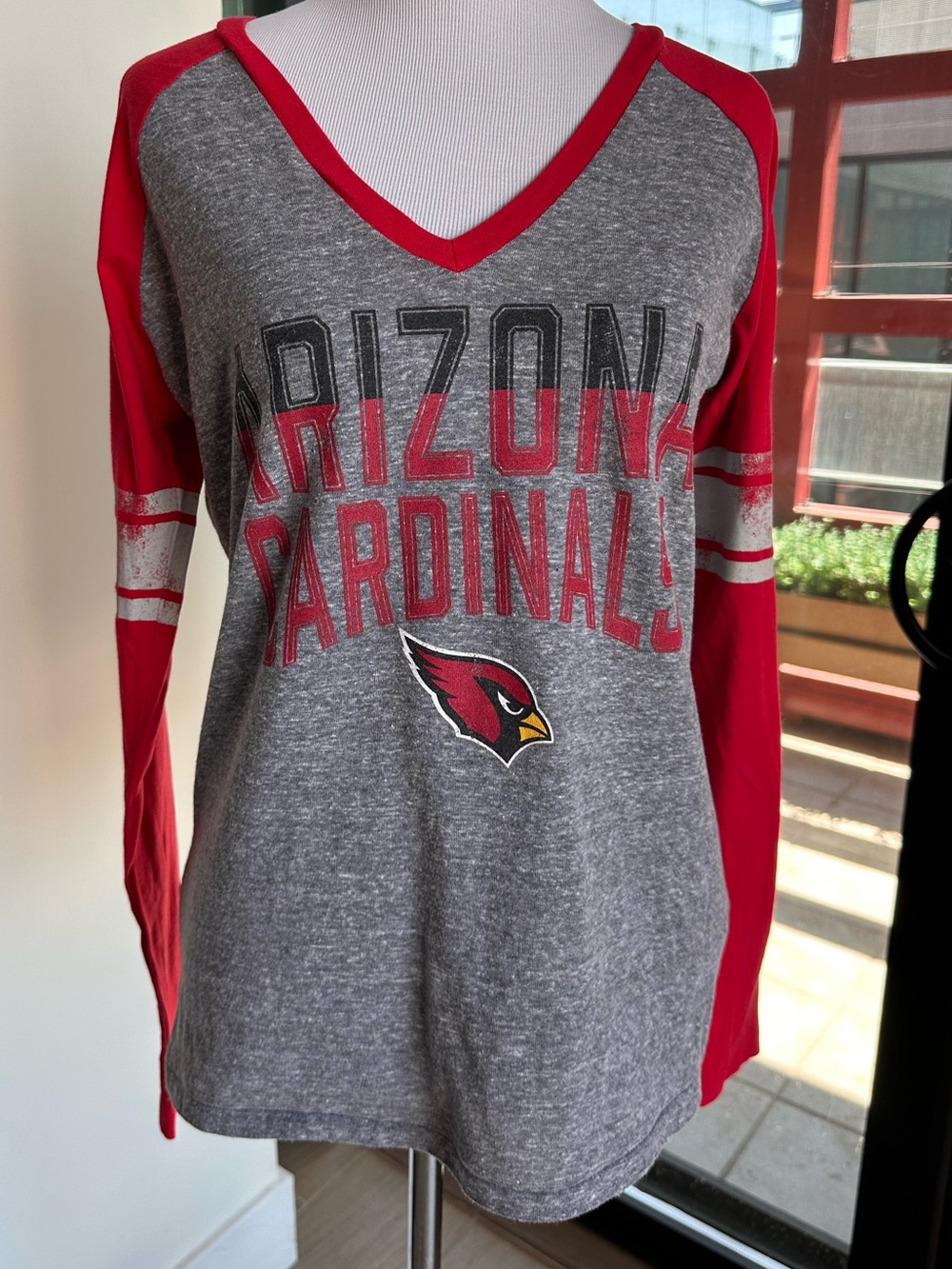 Arizona Cardinals V-Neck Long Sleeve Tee - Gray & Red